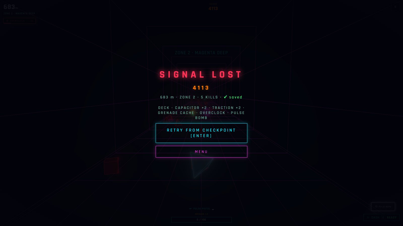 The signal lost screen with the run's deck