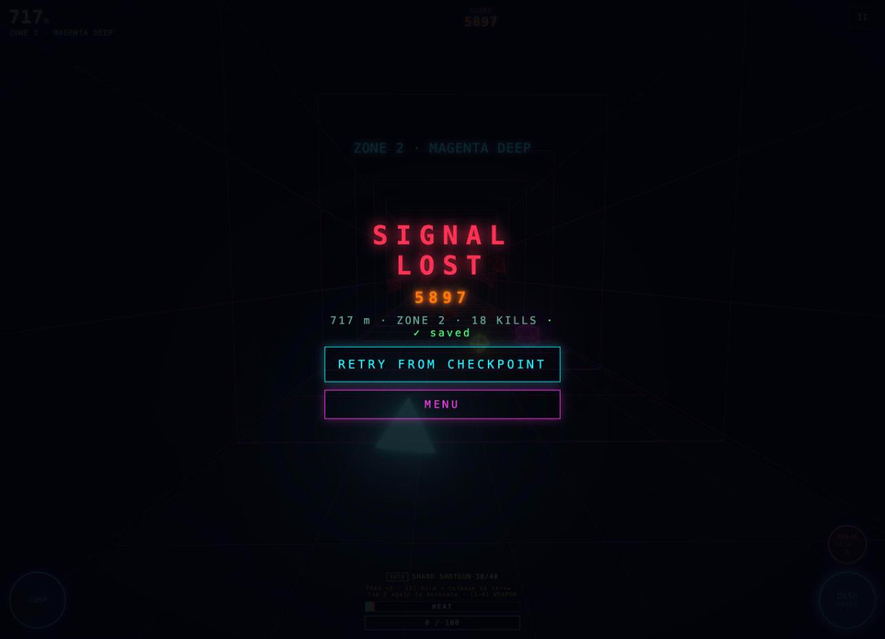 Signal Lost screen with score, distance, a Retry from Checkpoint button and a menu button